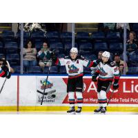 Tij Iginla and Hiroki Gojsic of the Kelowna Rockets