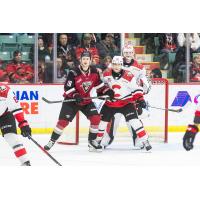 Vancouver Giants centre Tyson Zimmer in front of the Prince George Cougars net