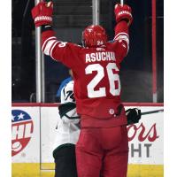 Allen Americans forward Spencer Asuchak reacts after his goal