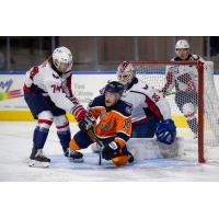 South Carolina Stingrays' Conner Moore and Seth Eisele battle Worcester Railers' Griffin Loughran