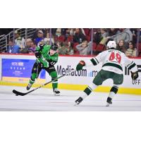 Texas Stars' Cameron Hughes and Iowa Wild's Kyle Masters in action