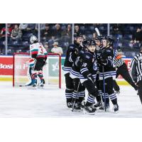 Wenatchee Wild players celebrate after forward Shaun Rios's goal