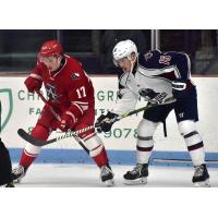 Allen Americans left wing Riley Ginnell (left) vs. the Tulsa Oilers