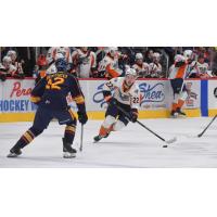 Barrie Colts' Tristan Bertucci and Flint Firebirds' Max Anderson in action