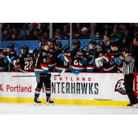 Hiroki Gojsic of the Kelowna Rockets along the Kelowna bench