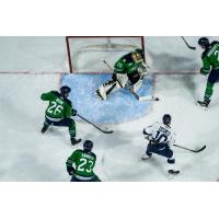 Worcester Railers' Jordan Kaplan battles Maine Mariners' Ryan Bischel, Justin Bean, and Jimmy Lambert